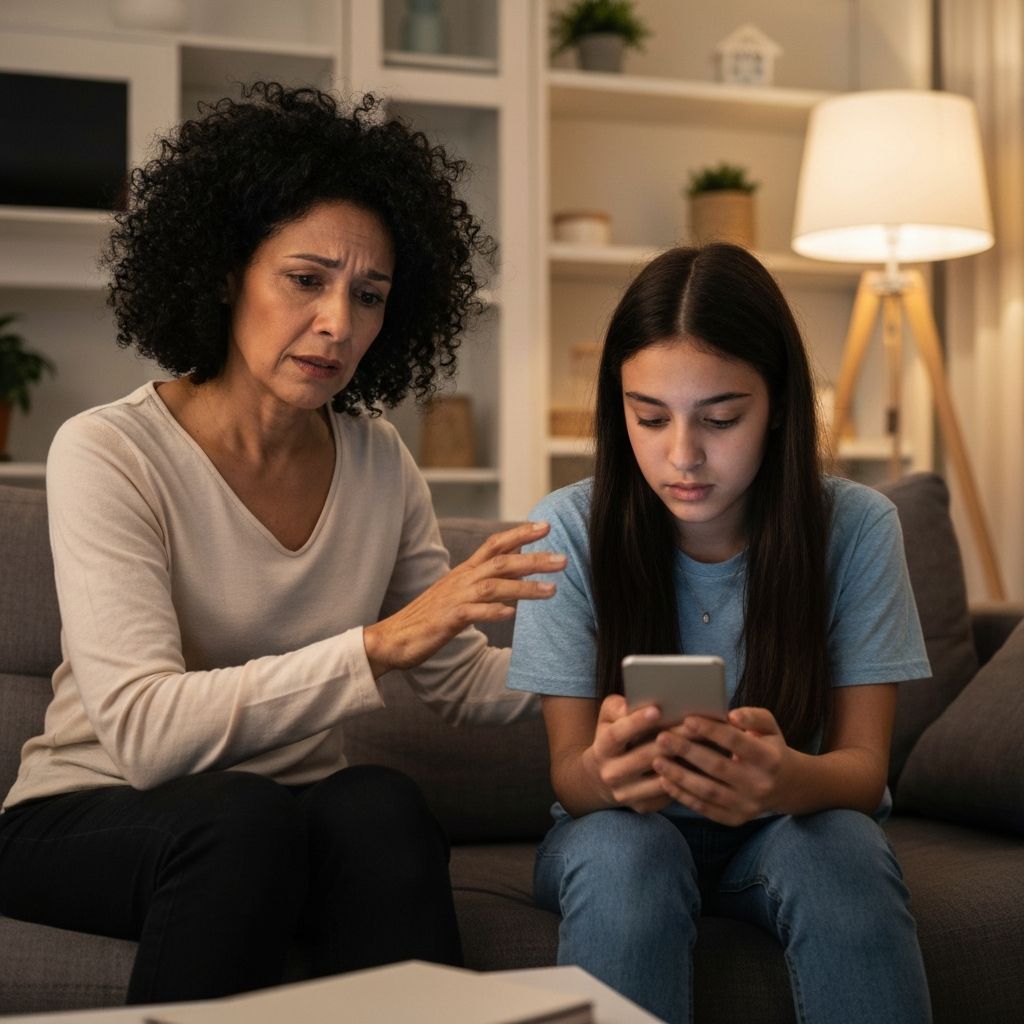 Parent and teenager having a serious conversation about the impact of gaming addiction on their family